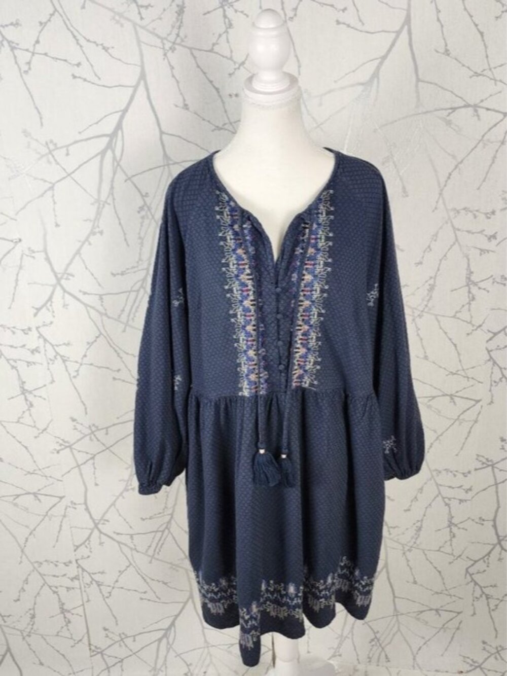 Knox Rose Navy Cross Stitch Embroidered Popover Peasant Dress